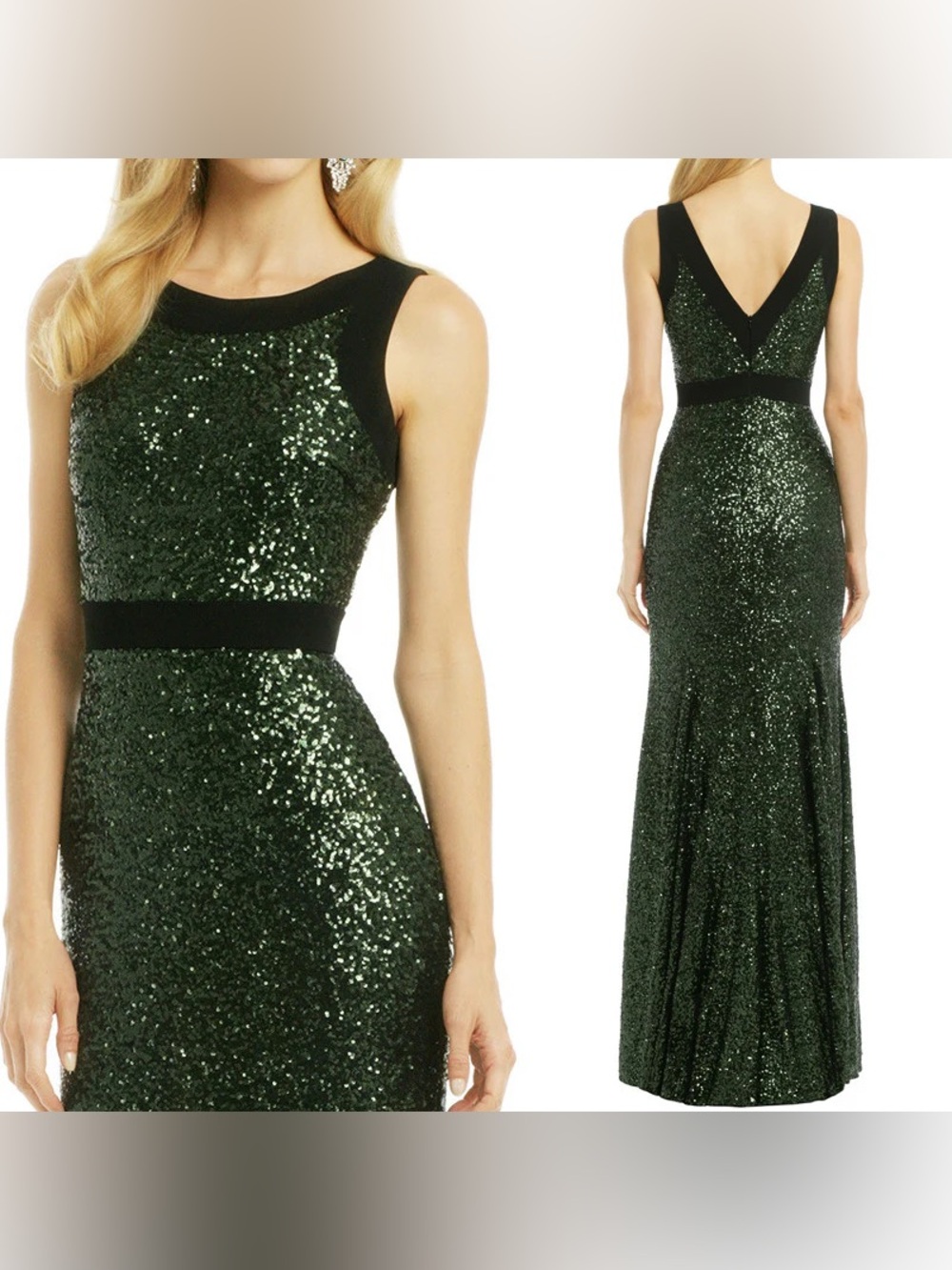 Badgley Mischka Emerald Green Sequin Maxi Evening Gown